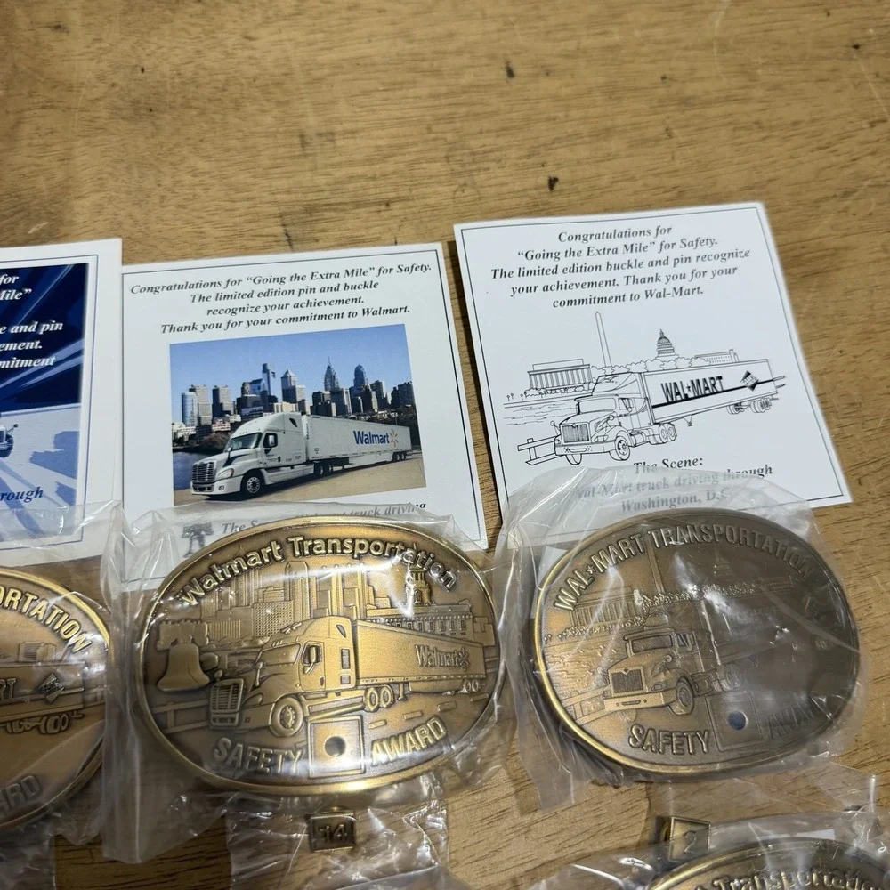 Vintage Wal-Mart Transportation Safety Award Belt Buckle Lot of 14 Brass Pins